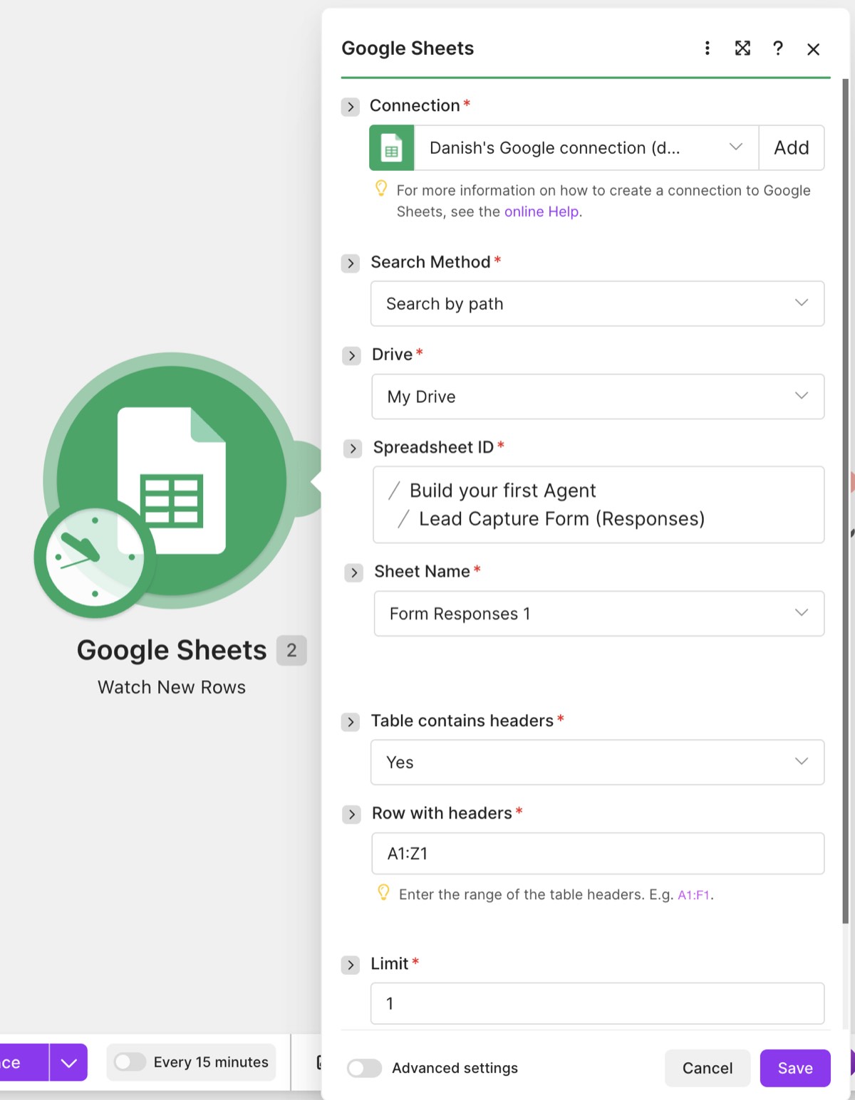 Make Google Sheets Watch New Rows configuration
