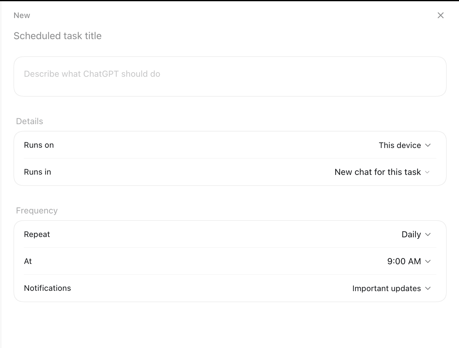 ChatGPT new scheduled task setup form